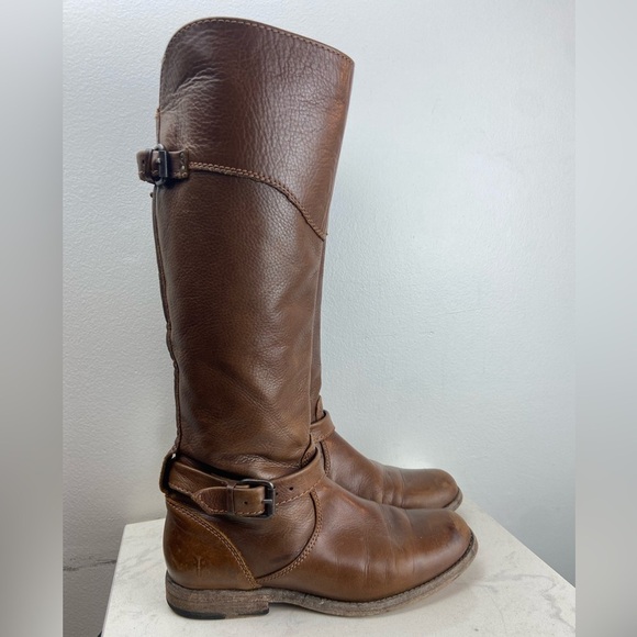 FRYE Phillip Pebbled Leather Knee High Roding Boots Brown Buckle - Picture 3 of 16